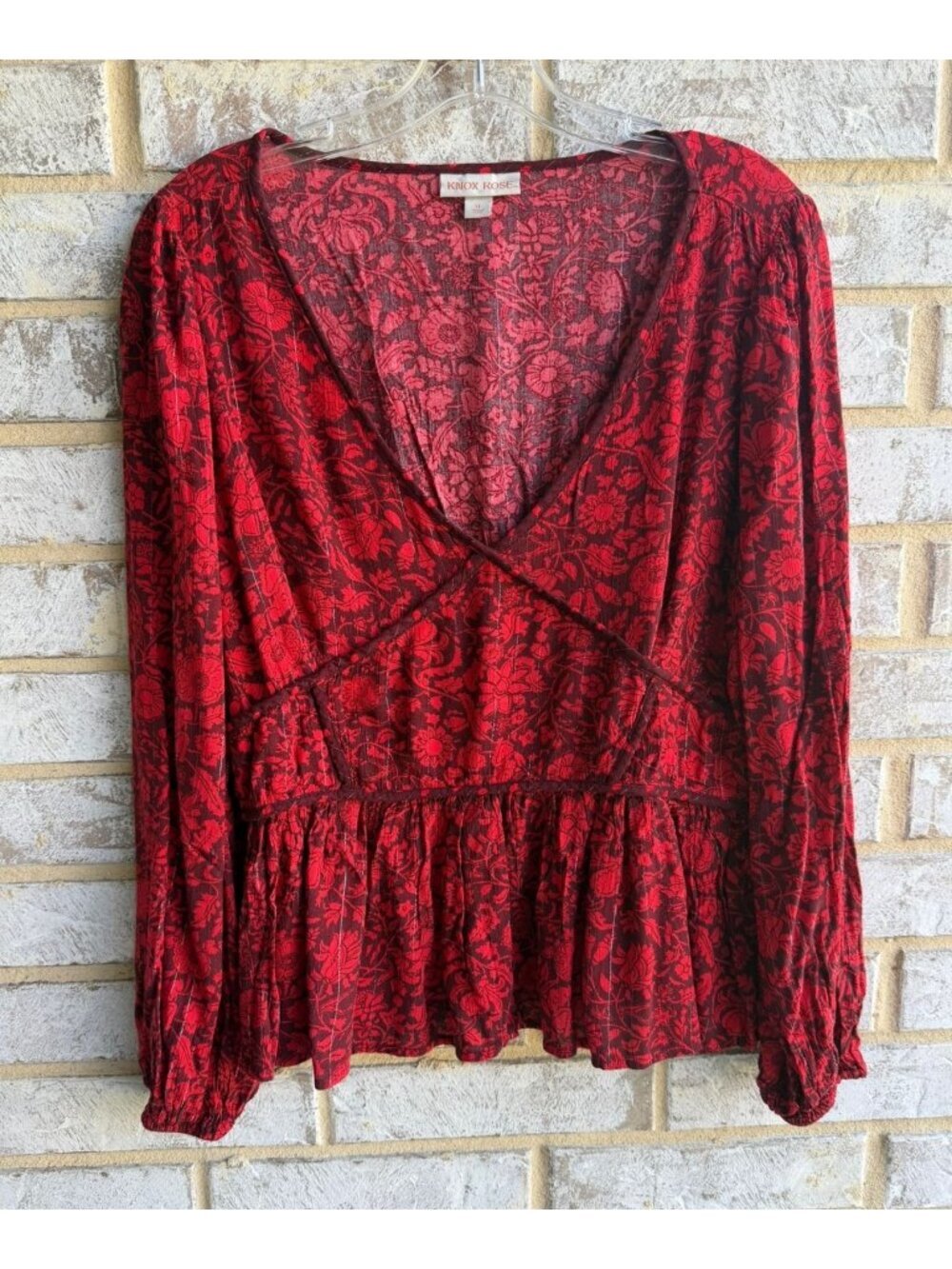 Knox Rose Red Tone Floral Long Sleeve V-Neck Boho Blouse Women's Size XL